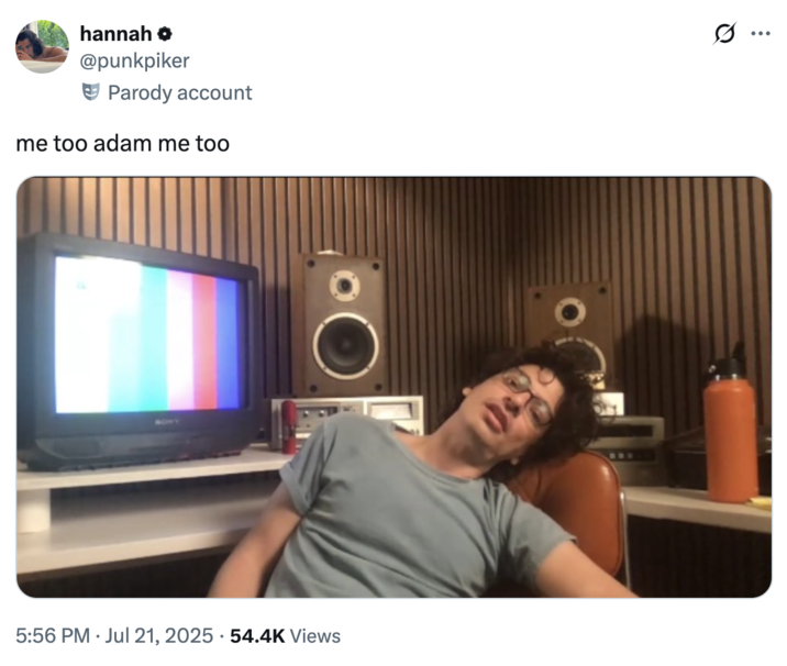 5:56 PM Jul 21, 2025 54.4K Views hannah ⚫ @punkpiker Parody account me too adam me too Q ... :