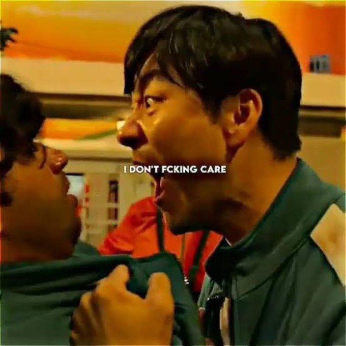 A "reaction images":https://knowyourmeme.com/memes/reaction-images from a "_Squid Game_":https://knowyourmeme.com/memes/subcultures/squid-game edit, showing the character Cho Sang-woo yelling, "I don't f------ care," at Ali Abdul.
