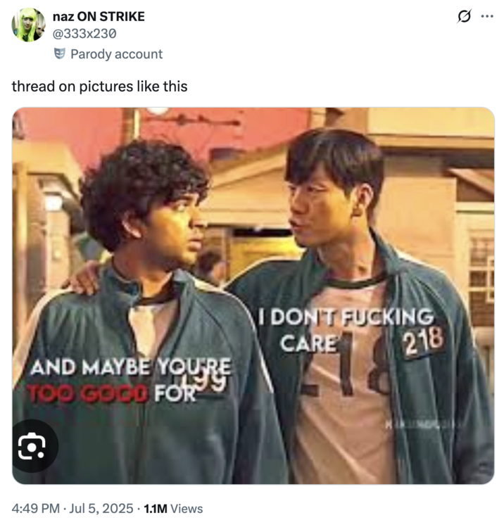 A "tweet":https://knowyourmeme.com/memes/sites/twitter-x starting a thread of "reaction images":https://knowyourmeme.com/memes/reaction-images from "_Squid Game_":https://knowyourmeme.com/memes/subcultures/squid-game video edits.