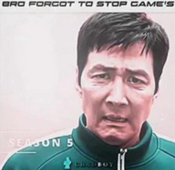 A "reaction images":https://knowyourmeme.com/memes/reaction-images from a "_Squid Game_":https://knowyourmeme.com/memes/subcultures/squid-game edit, showing the character "Seong Gi-hun":https://knowyourmeme.com/memes/seong-gi-huns-id-photo and text reading, "Bro forgot to stop game's."