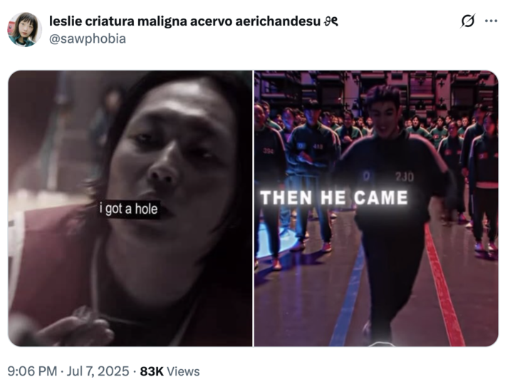 A "tweet":https://knowyourmeme.com/memes/sites/twitter-x using two "_Squid Game_":https://knowyourmeme.com/memes/subcultures/squid-game "reaction images":https://knowyourmeme.com/memes/reaction-images from video edits, showing Nam-gyu and Thanos.