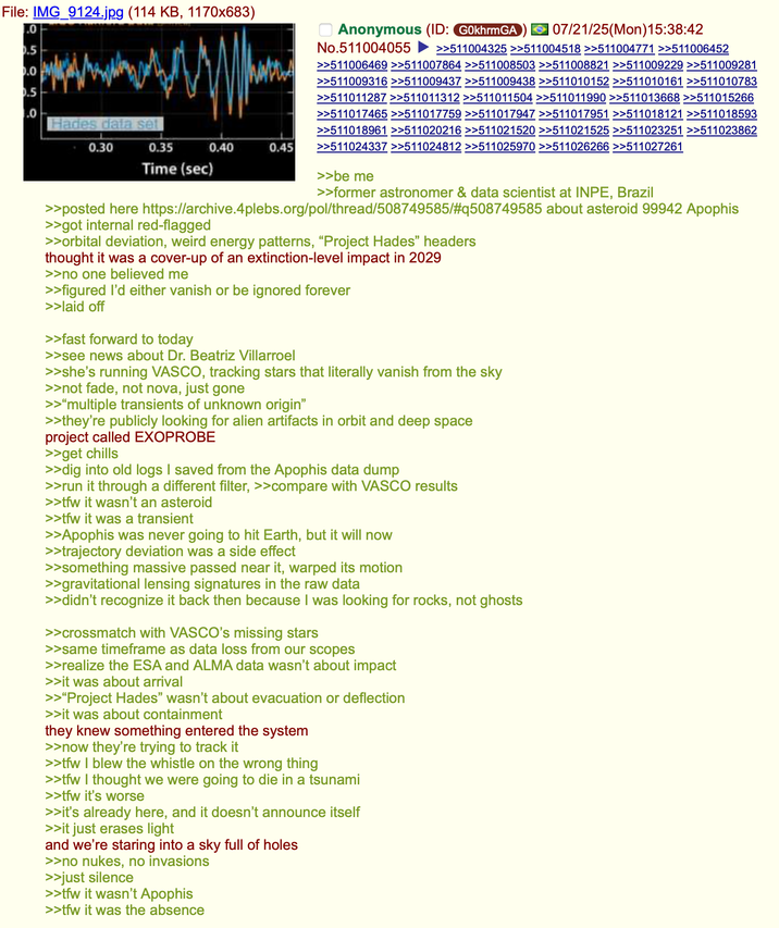 File: IMG_9124.jpg (114 KB, 1170x683) .0 0.5 0.0 0.5 .0 Hades data set Anonymous (ID: GOkhrmGA 07/21/25(Mon)15:38:42 No.511004055 >>511004325 >>511004518 >>511004771 >>511006452 >>511006469 >>511007864 >>511008503 >>511008821 >>511009229 >>511009281 >>511009316 >>511009437 >>511009438 >>511010152 >>511010161 >>511010783 >>511011287 >>511011312 >>511011504 >>511011990 >>511013668 >>511015266 >>511017465 >>511017759 >>511017947 >>511017951 >>511018121 >>511018593 >>511018961 >>511020216 >>511021520 >>511021525 >>511023251 >>511023862 >>511024337 >>511024812 >>511025970 >>511026266 >>511027261 0.30 0.35 0.40 0.45 Time (sec) >>be me >>former astronomer & data scientist at INPE, Brazil >>posted here https://archive.4plebs.org/pol/thread/508749585/#q508749585 about asteroid 99942 Apophis >>got internal red-flagged >>orbital deviation, weird energy patterns, "Project Hades" headers thought it was a cover-up of an extinction-level impact in 2029 >>no one believed me >>figured I'd either vanish or be ignored forever >>laid off >>fast forward to today >>see news about Dr. Beatriz Villarroel >>she's running VASCO, tracking stars that literally vanish from the sky >>not fade, not nova, just gone >>"multiple transients of unknown origin" >>they're publicly looking for alien artifacts in orbit and deep space project called EXOPROBE >>get chills >>dig into old logs I saved from the Apophis data dump >>run it through a different filter, >>compare with VASCO results >>tfw it wasn't an asteroid >>tfw it was a transient >>Apophis was never going to hit Earth, but it will now >>trajectory deviation was a side effect >>something massive passed near it, warped its motion >>gravitational lensing signatures in the raw data >>didn't recognize it back then because I was looking for rocks, not ghosts >>crossmatch with VASCO's missing stars >>same timeframe as data loss from our scopes >>realize the ESA and ALMA data wasn't about impact >>it was about arrival >>"Project Hades" wasn't about evacuation or deflection >>it was about containment they knew something entered the system >>now they're trying to track it >>tfw I blew the whistle on the wrong thing >>tfw I thought we were going to die in a tsunami >>tfw it's worse >>it's already here, and it doesn't announce itself >>it just erases light and we're staring into a sky full of holes >>no nukes, no invasions >>just silence >>tfw it wasn't Apophis >>tfw it was the absence