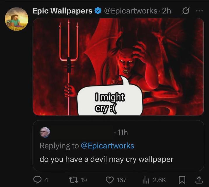 Epic Wallpapers @Epicartworks. 2h 0 I might Cry .11h Replying to @Epicartworks do you have a devil may cry wallpaper 1719 167 Ilil 2.6K