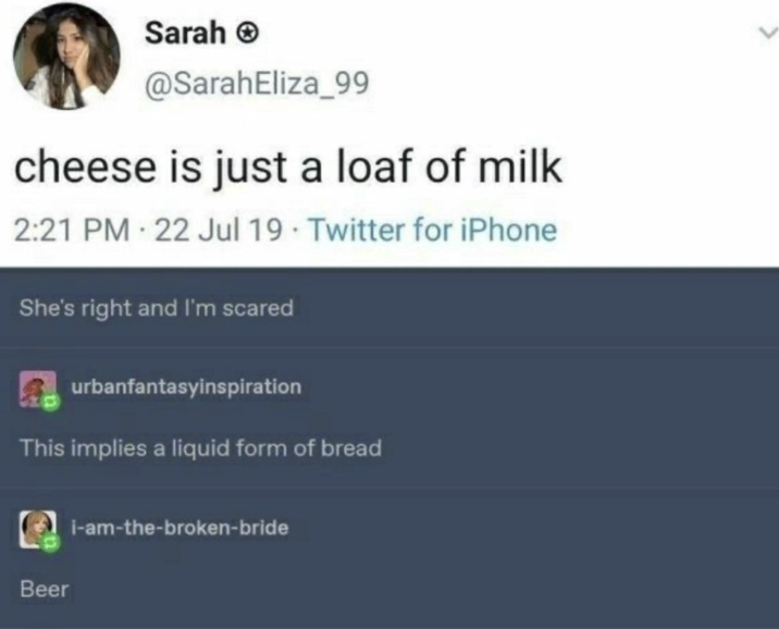 Sarah → @SarahEliza_99 cheese is just a loaf of milk 2:21 PM 22 Jul 19 Twitter for iPhone She's right and I'm scared urbanfantasyinspiration This implies a liquid form of bread Beer i-am-the-broken-bride