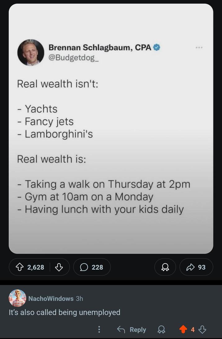 Brennan Schlagbaum, CPA ❤ @Budgetdog Real wealth isn't: - Yachts - Fancy jets - Lamborghini's Real wealth is: - Taking a walk on Thursday at 2pm - Gym at 10am on a Monday Having lunch with your kids daily 2,628 ♡ ☐ 228 NachoWindows 3h It's also called being unemployed ← Reply 93