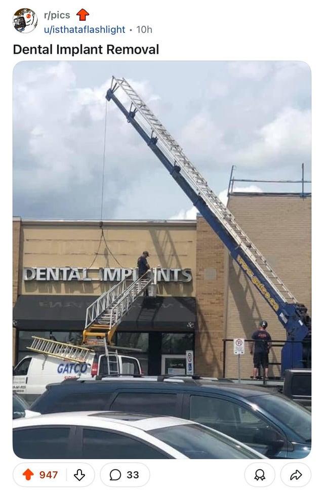 r/pics u/isthataflashlight • 10h Dental Implant Removal DENTAL IMPLANTS GATCO 947 33 D