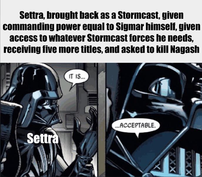 Settra, brought back as a Stormcast, given commanding power equal to Sigmar himself, given access to whatever Stormcast forces he needs, receiving five more titles, and asked to kill Nagash IT IS... ...ACCEPTABLE. Settra XXXX XXX