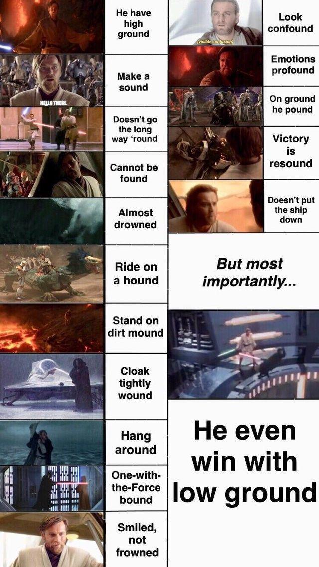 He have high ground visible usion) Look confound HELLO THERE. Make a sound Doesn't go the long way 'round Cannot be found Emotions profound On ground he pound Victory is resound Almost drowned Doesn't put the ship down Ride on a hound But most importantly... Stand on dirt mound Cloak tightly wound Hang He even around win with One-with- the-Force low ground bound Smiled, not frowned