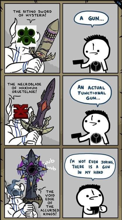 THE BITING SWORD OF HYSTERIA! A GUN... THE NECROBLADE OF MAXIMUM GRUETELAGE! AN ACTUAL FUNCTIONAL GUN... wub wub I'M NOT EVEN JOKING, THERE IS A GUN IN MY HAND THE VOID EDGE OF THE ACCURSED KINGS!