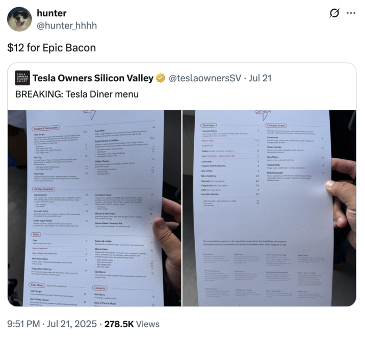 A "quote-tweet":https://knowyourmeme.com/memes/quote-retweets-qrts making fun of the ""Epic Bacon":https://knowyourmeme.com/memes/epic-bacon" menu item at the "Tesla":https://knowyourmeme.com/memes/subcultures/tesla Diner.
