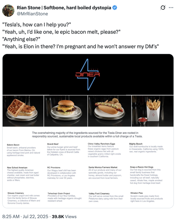 A "tweet":https://knowyourmeme.com/memes/sites/twitter-x about the ""Epic Bacon":https://knowyourmeme.com/memes/epic-bacon" menu item at the "Tesla":https://knowyourmeme.com/memes/subcultures/tesla Diner.