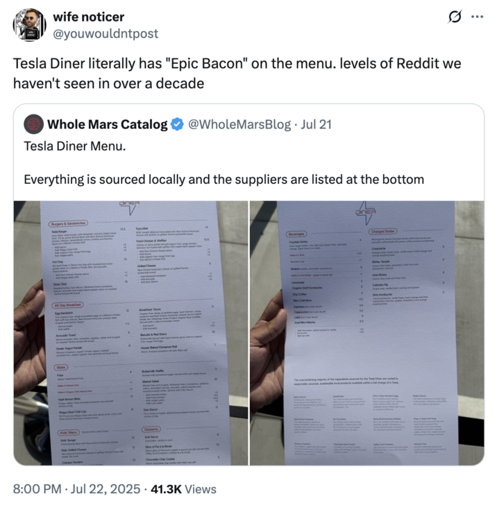 A "tweet":https://knowyourmeme.com/memes/sites/twitter-x about the ""Epic Bacon":https://knowyourmeme.com/memes/epic-bacon" menu item at the "Tesla":https://knowyourmeme.com/memes/subcultures/tesla Diner.