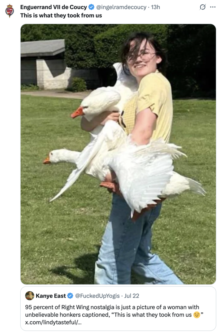 A "quote-tweet":https://knowyourmeme.com/memes/quote-retweets-qrts joking about the "This is what they took from us" cliche among right-wing nostalgia posts.