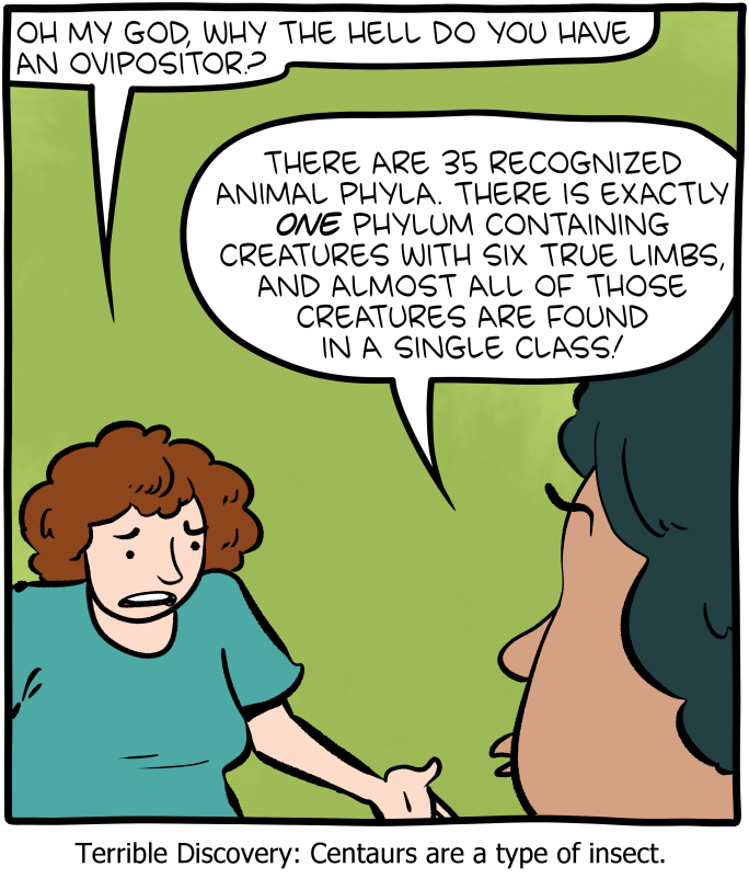OH MY GOD, WHY THE HELL DO YOU HAVE AN OVIPOSITOR? THERE ARE 35 RECOGNIZED ANIMAL PHYLA. THERE IS EXACTLY ONE PHYLUM CONTAINING CREATURES WITH SIX TRUE LIMBS, AND ALMOST ALL OF THOSE CREATURES ARE FOUND IN A SINGLE CLASS! Terrible Discovery: Centaurs are a type of insect.