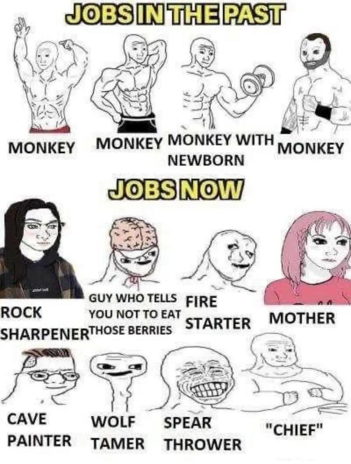 JOBS IN THE PAST MONKEY MONKEY MONKEY WITH NEWBORN JOBS NOW ROCK GUY WHO TELLS FIRE MONKEY YOU NOT TO EAT STARTER MOTHER SHARPENERTHOSE BERRIES CAVE WOLF SPEAR "CHIEF" PAINTER TAMER THROWER