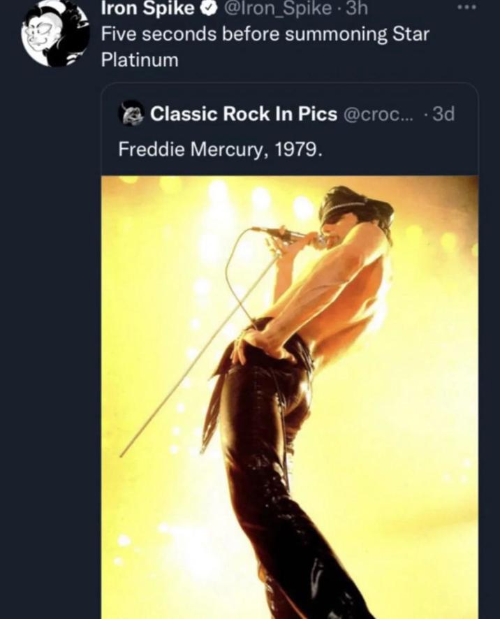 Iron Spike @Iron_Spike 3h Five seconds before summoning Star Platinum Classic Rock In Pics @croc... .3d Freddie Mercury, 1979.