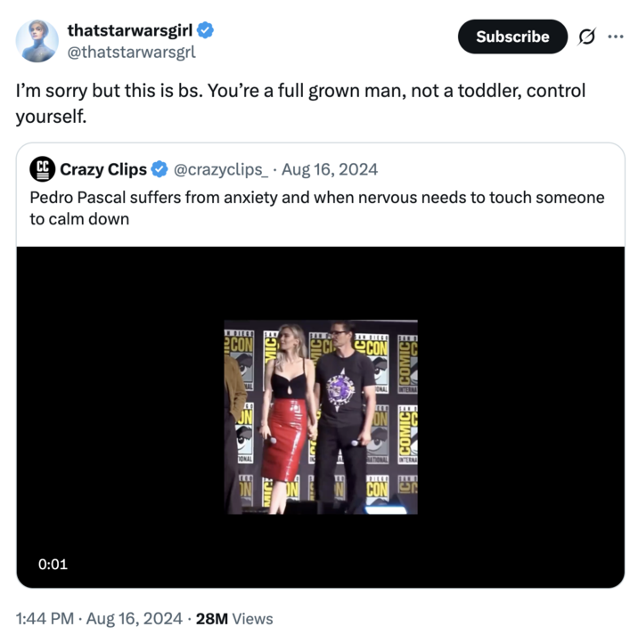 A "quote-tweet":https://knowyourmeme.com/memes/quote-retweets-qrts to a viral tweet about actor "Pedro Pascal's":https://knowyourmeme.com/memes/people/pedro-pascal social anxiety and his alleged need to touch people for comfort.