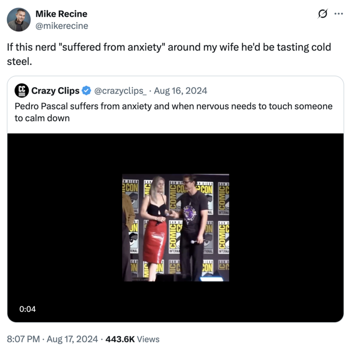 A "quote-tweet":https://knowyourmeme.com/memes/quote-retweets-qrts to a viral tweet about actor "Pedro Pascal's":https://knowyourmeme.com/memes/people/pedro-pascal social anxiety and his alleged need to touch people for comfort.