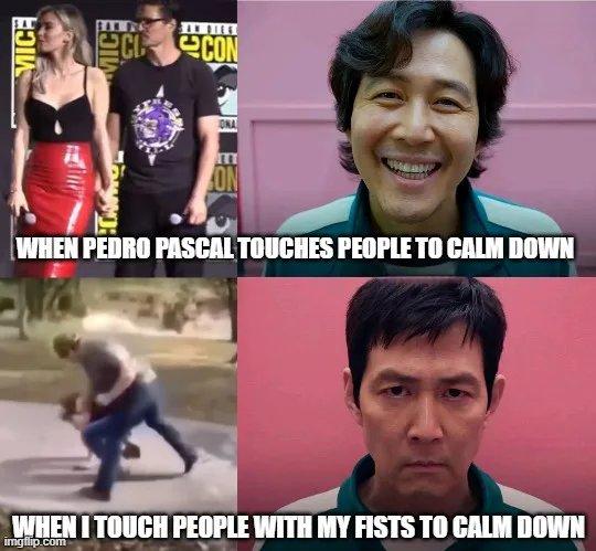 A Pedro Pascal meme about him having anxiety using a _Squid Game_ format.
