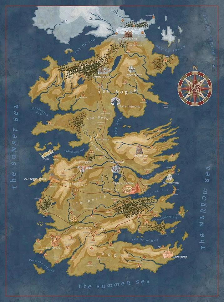 The SUNSET sea BAY OF ICE STLe Black QueenSCROWN Bay of WINTERFELL dReadFORT Blazewater BAY The Neck witch IRONMANS Pyke CASTERLY Rock Redwyne The Citadel STRAITS BAY RIVERRUN The TWINS RIVERLANDS NORTH white baRBOUR BITE bappenbal The eyRie warch RINGS LANDING DRAGONSTONE CROWNLANDS Tbe Reach Shipkek Bay bigbearden sea of doRNe The summe R sea SUNSpear seals The NARROW sea