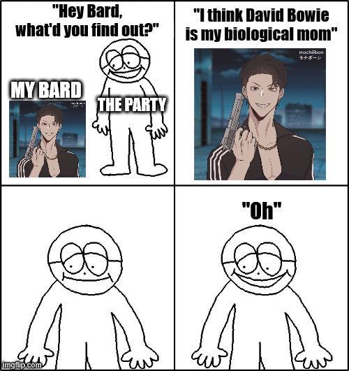 "Hey Bard, what'd you find out?" "I think David Bowie is my biological mom" mochiibon モチボーン MY BARD THE PARTY imgflip.com "Oh"