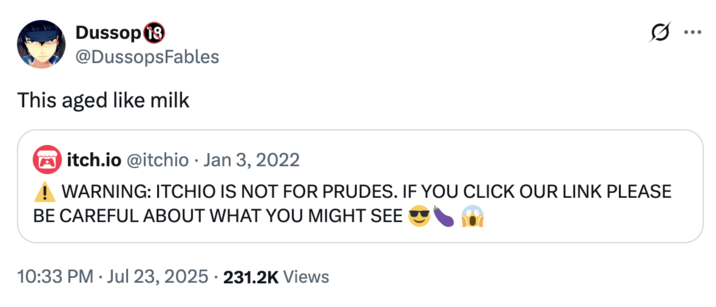 X user @DussopsFables tweeted, "This aged like milk" in response to a 2022 Itch.io post about how " ITCHIO IS NOT FOR PRUDES." 