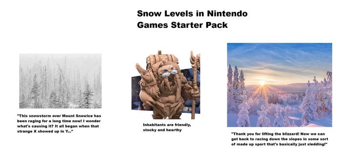"This snowstorm over Mount Snowice has been raging for a long time now! I wonder what's causing it? It all began when that strange X showed up in Y..." Snow Levels in Nintendo Games Starter Pack Inhabitants are friendly, stocky and hearthy "Thank you for lifting the blizzard! Now we can get back to racing down the slopes in some sort of made up sport that's basically just sledding!"