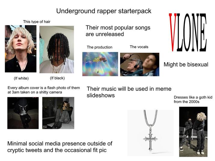 This type of hair Underground rapper starterpack Their most popular songs are unreleased The production The vocals VLONE Might be bisexual (If white) (If black) Every album cover is a flash photo of them at 3am taken on a s----- camera Their music will be used in meme slideshows Dresses like a goth kid from the 2000s Minimal social media presence outside of cryptic tweets and the occasional fit pic