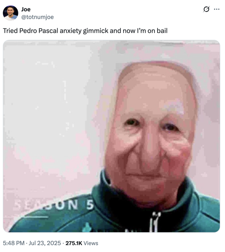 Joe @totnumjoe Tried Pedro Pascal anxiety gimmick and now I'm on bail SEASON 5 • 5:48 PM ⚫ Jul 23, 2025 275.1K Views Q