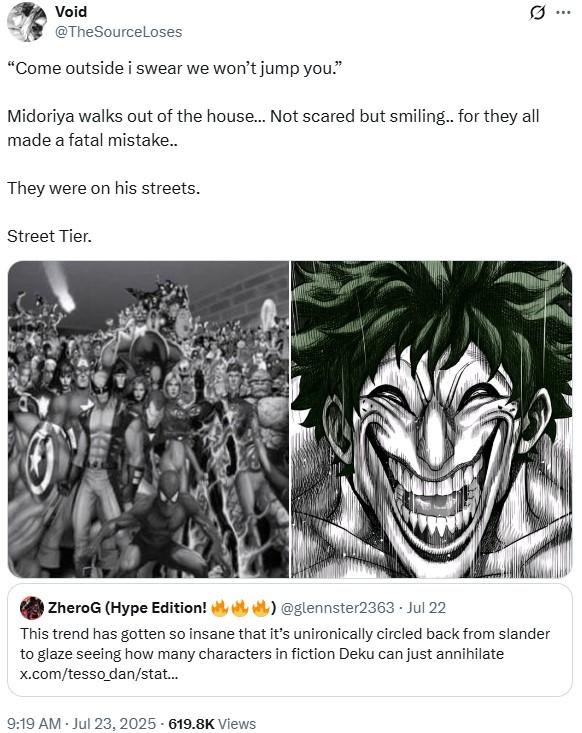 A post  reading, "Midoriya walks out of the house… Not scared but smiling.. for they all made a fatal mistake.."