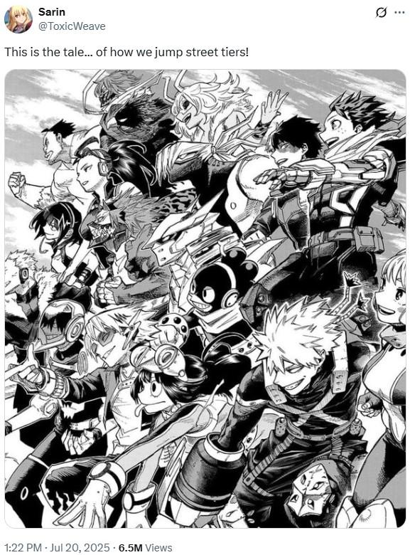 A meme reading, "This is the tale... of how we jump street tiers!" The image used is from My Hero Academia.