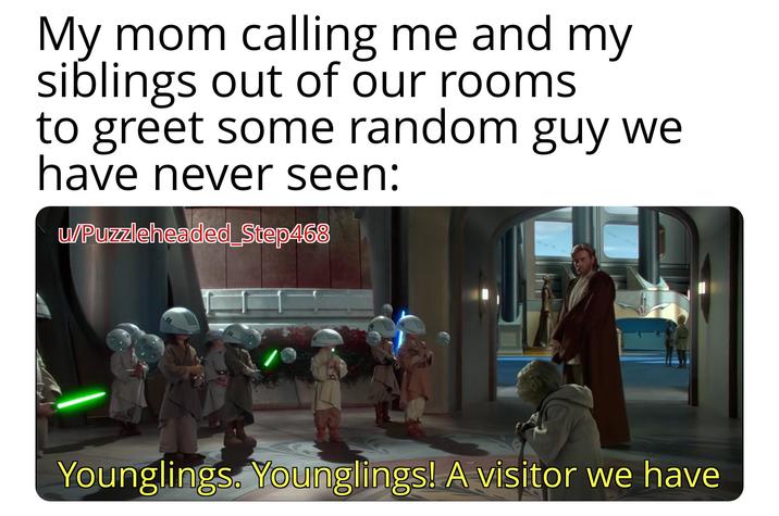 My mom calling me and my siblings out of our rooms to greet some random guy we have never seen: u/Puzzleheaded_Step468 Younglings. Younglings! A visitor we have