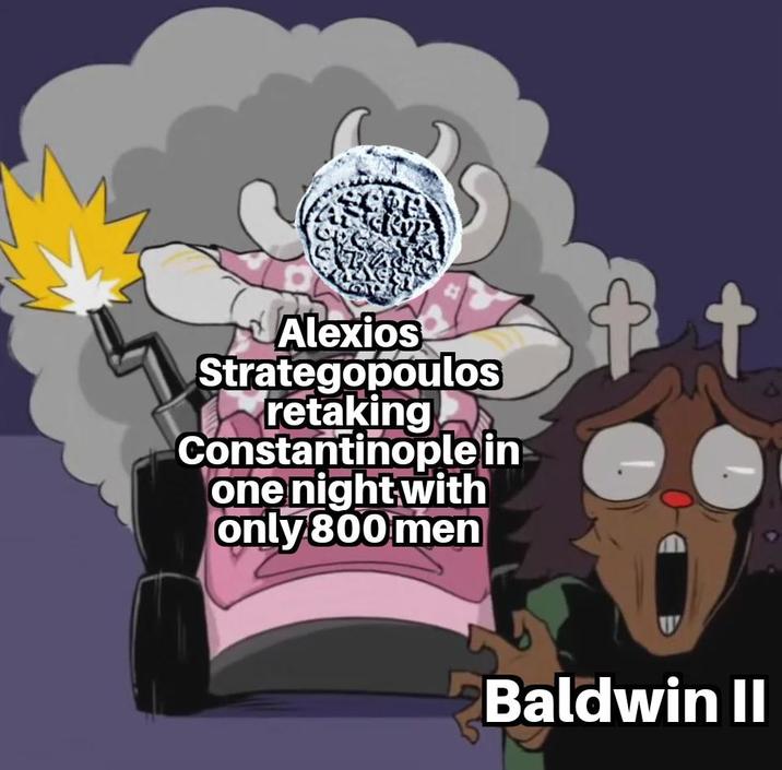 Alexios Strategopoulos retaking Constantinople in one night with only 800 men t Baldwin II