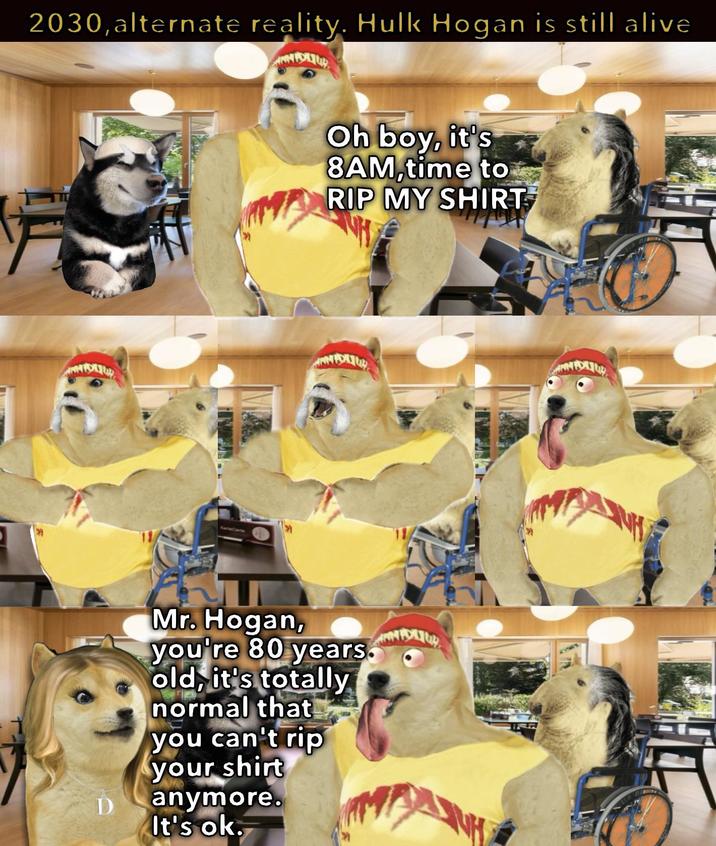 2030, alternate reality. Hulk Hogan is still alive D Oh boy, it's 8AM, time to RIP MY SHIRT Mr. Hogan, you're 80 years. old, it's totally normal that you can't rip your shirt anymore. It's ok.