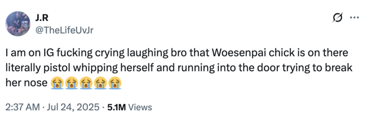 A "tweet":https://knowyourmeme.com/memes/sites/twitter-x talking about the Woesenpai Abuse Videos on "Instagram":https://knowyourmeme.com/memes/sites/instagram, reading, "I am on IG f------ crying laughing bro that Woesenpai chick is on there literally pistol whipping herself and running into the door trying to break her nose 😭😭😭😭😭."
