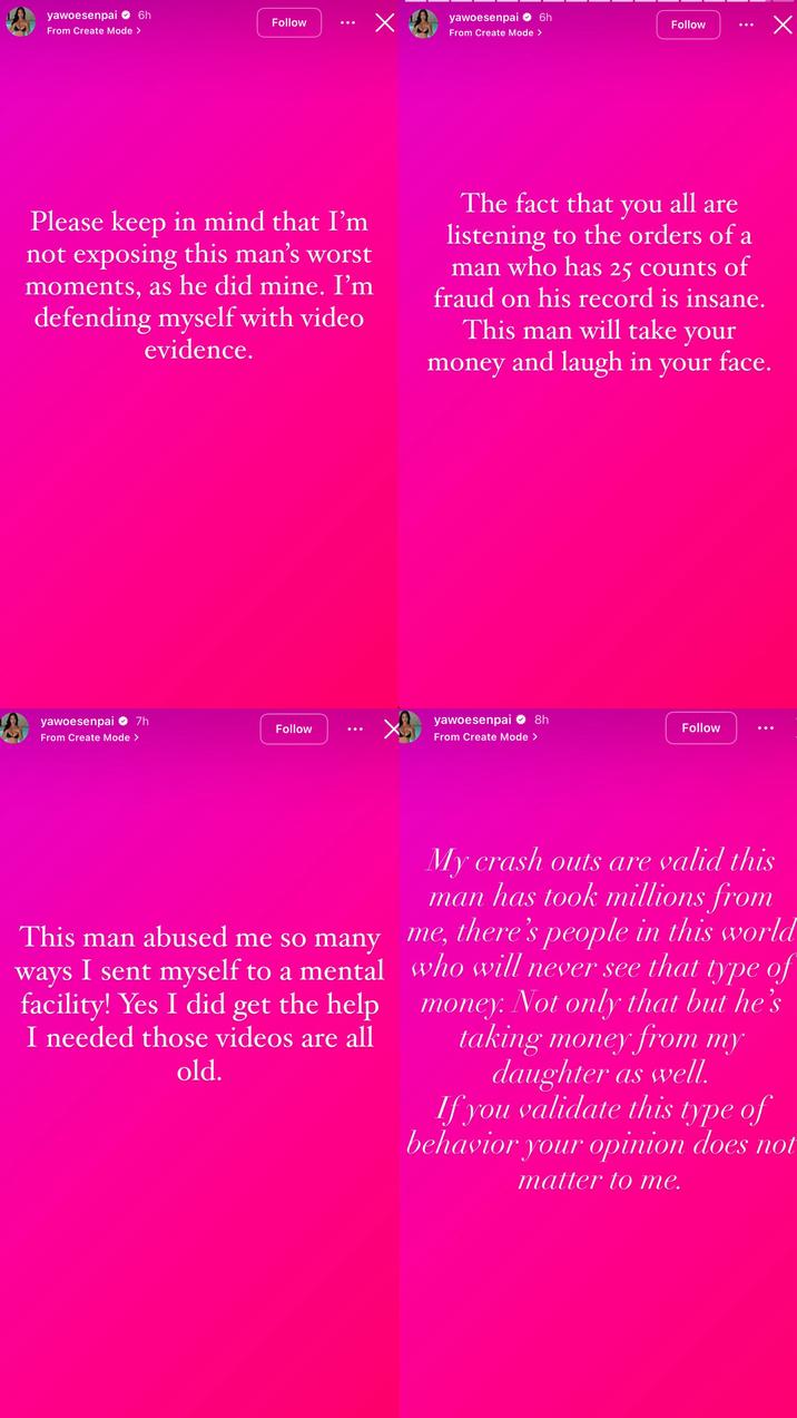 A screenshot of "Instagram":https://knowyourmeme.com/memes/sites/instagram Stories shared by model and "influencer":https://knowyourmeme.com/memes/social-media-influencer Woesenpai, Yawoesenpai, in response to the abuse allegations levied against her by her ex-boyfriend in late July 2025.
