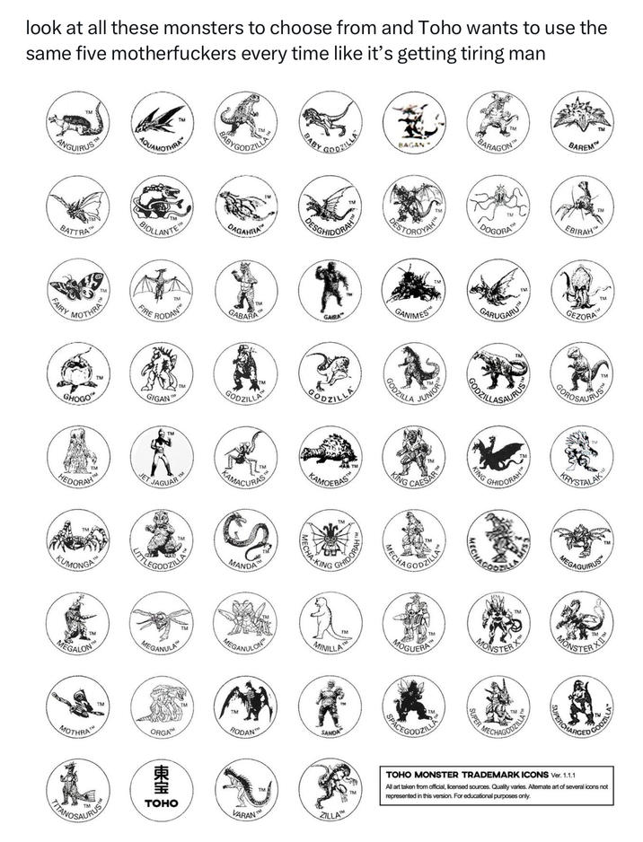 look at all these monsters to choose from and Toho wants to use the same five m------------ every time like it's getting tiring man TM ANGUIRUS AQUAMOTHRA TM TM BABY GODZILLA BABY GODZILLA BAGAN BARAGON BAREM TM BATTRA BIOLLANTER DAGAHIRAM BESCHIDORAH BESTOROYAH DOGORA EBIRAH FAIRY MOTHRA GHOGO TM FIRE RODANT GABARA TM GAIRA GIGAN GODZILLA TM HEDORAH VET JAGUAR GODZILLA GANIMES GARUGARUM GEZORA GODZILLA JUNIORT TM CAESAR FAMACURAS KAMOEBAS HA-KING HIDORAH KING HUMONGA ALEGODZILLA MANDA MEGALON MEGANULA MOTHRA TM ORGAT HO-CHA TM MEGANULON TM RODAN TRUS TOHO VARAN GHIDORAHI TM KING CHAGODZILL MECH FECHACODE COROSAURUS TM KRYSTALAK MEGAGUIRUST MINILLA TM MOGUERA MONSTER X TM MONSTER XI SANDA ZILLA GRACE GODZILLE SUPER M SUPERCHARGED GODZILL TM TOHO MONSTER TRADEMARK ICONS Ver. 1.1.1 All art taken from official, licensed sources. Quality varies. Altemate art of several icons not represented in this version. For educational purposes only.