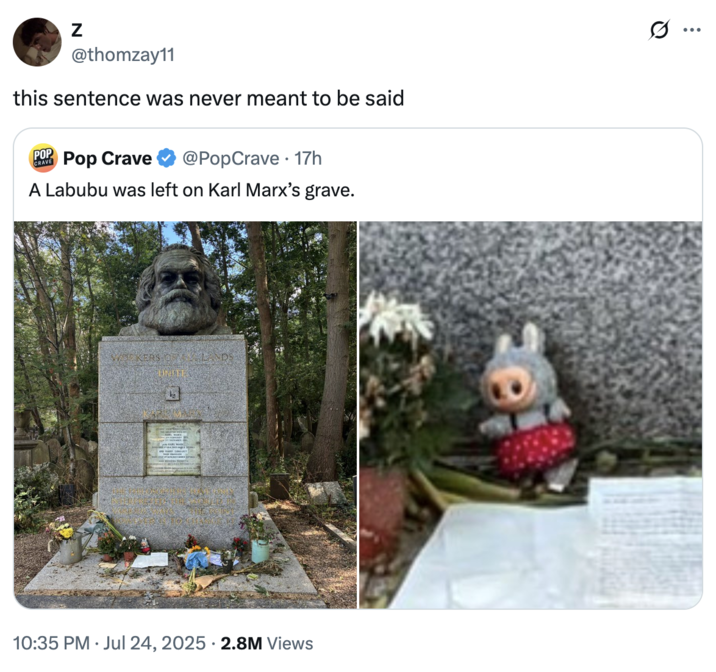X user @thomzay11 tweeted, "this sentence was never meant to be said" in response to a Pop Crave tweet announcing that "A Labubu was left on Karl Marx’s grave."