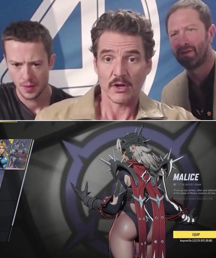 July 24th, 2025 tweet by @zerowontmiss X user @zerowontmiss posted an image combining Pedro Pascal, Joseph Quinn, and Ebon Moss-Bachrach making shocked faces in reaction to seeing Sue Storm's "Malice" skin on _Marvel Rivals_.