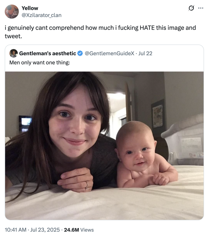 A "quote-tweet":https://knowyourmeme.com/memes/quote-retweets-qrts of the "Men only want one thing" tweet with a photo of Acacia Clark and her baby.