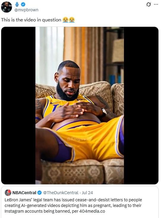 This Is The LeBron James Pregnancy Ai Video A screenshot of a tweet sharing the LeBron mpreg video. The tweet gained over 129,000 likes in a day.