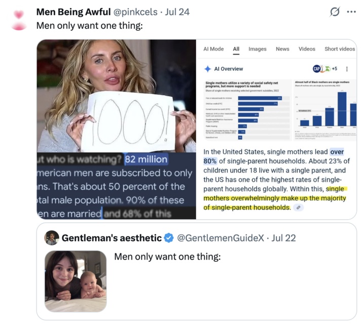 A "quote-tweet":https://knowyourmeme.com/memes/quote-retweets-qrts of the "Men only want one thing" tweet with a photo of Acacia Clark and her baby.