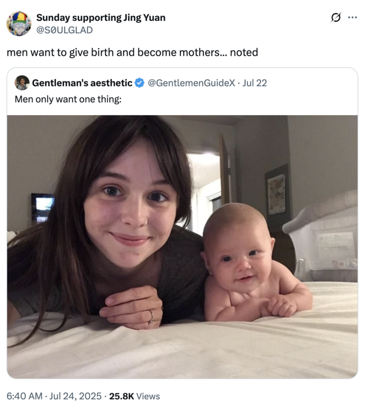 A "quote-tweet":https://knowyourmeme.com/memes/quote-retweets-qrts of the "Men only want one thing" tweet with a photo of Acacia Clark and her baby.