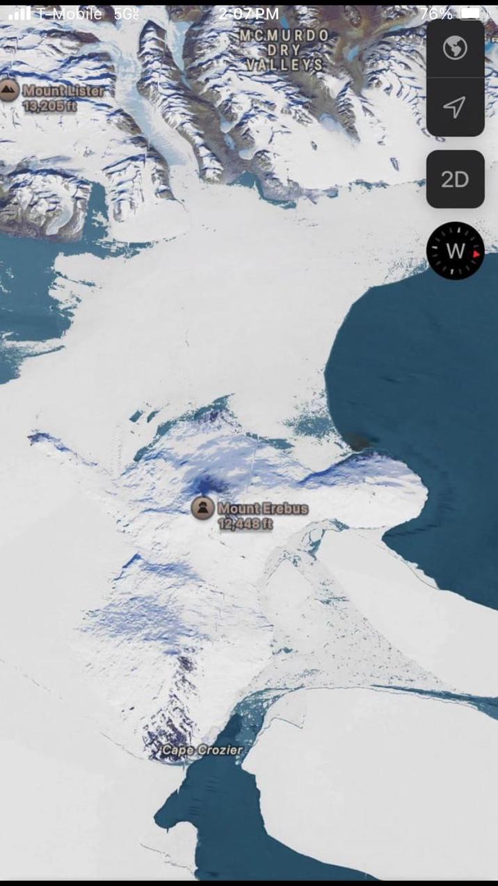 ill T-Mobile 5G Mount Lister 13,205 ft 2:07RM MCMURDO DRY VALLEYS Mount Erebus 12,448 ft Cape Crozier จ 2D W