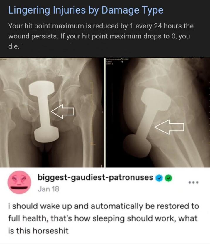 Lingering Injuries by Damage Type Your hit point maximum is reduced by 1 every 24 hours the wound persists. If your hit point maximum drops to 0, you die. I biggest-gaudiest-patronuses ⭑ Jan 18 i should wake up and automatically be restored to full health, that's how sleeping should work, what is this horseshit