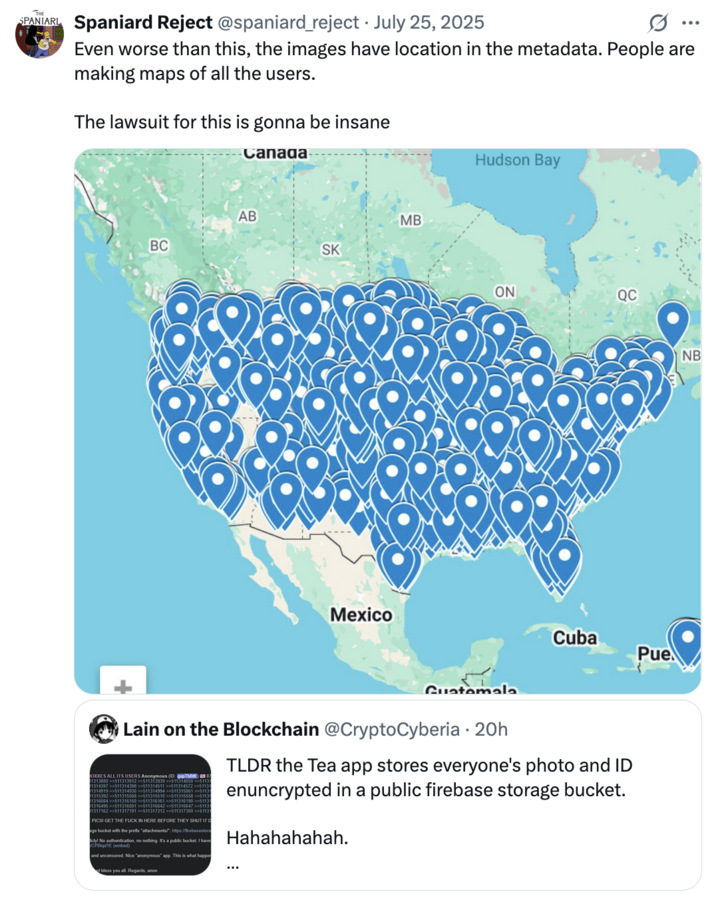 X user @spaniard_reject tweeted, "Even worse than this, the images have location in the metadata. People are making maps of all the users. / The lawsuit for this is gonna be insane" The post gathered over 13,000 likes in a day.