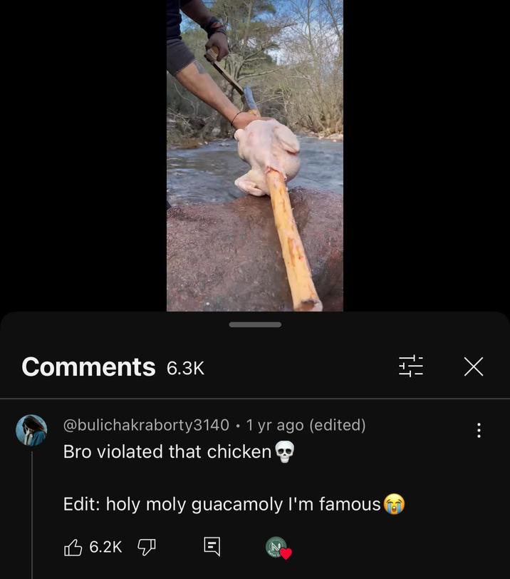 Comments 6.3K @bulichakraborty3140 • 1 yr ago (edited) Bro violated that chicken Edit: holy moly guacamoly I'm famous 6.2K atur C +