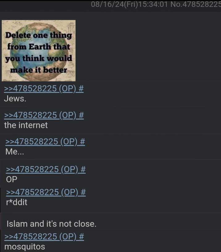 08/16/24(Fri)15:34:01 No.478528225 Delete one thing from Earth that you think would make it better >>478528225 (OP) # Jews. >>478528225 (OP) # the internet >>478528225 (OP) # Me... >>478528225 (OP) # OP >>478528225 (OP) # r*ddit Islam and it's not close. >>478528225 (OP) # mosquitos
