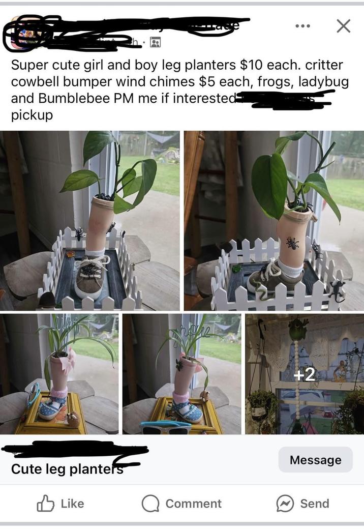 ☑ Super cute girl and boy leg planters $10 each. critter cowbell bumper wind chimes $5 each, frogs, ladybug and Bumblebee PM me if interested pickup Cute leg planters Like home www +2 Message Q Comment Send