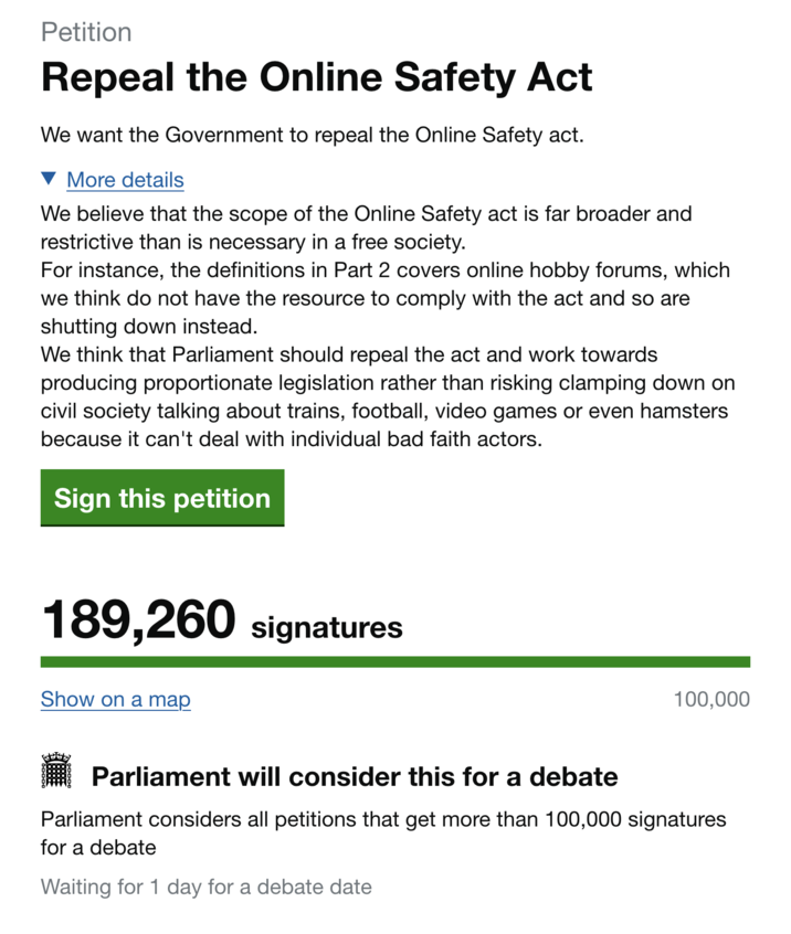 Alex Baynham created an official petition to repeal the UK's new Online Safety app, noting how it would disproportionately affect hobby forums, which are shutting down due to being unable to comply with the law's stringent rules. 